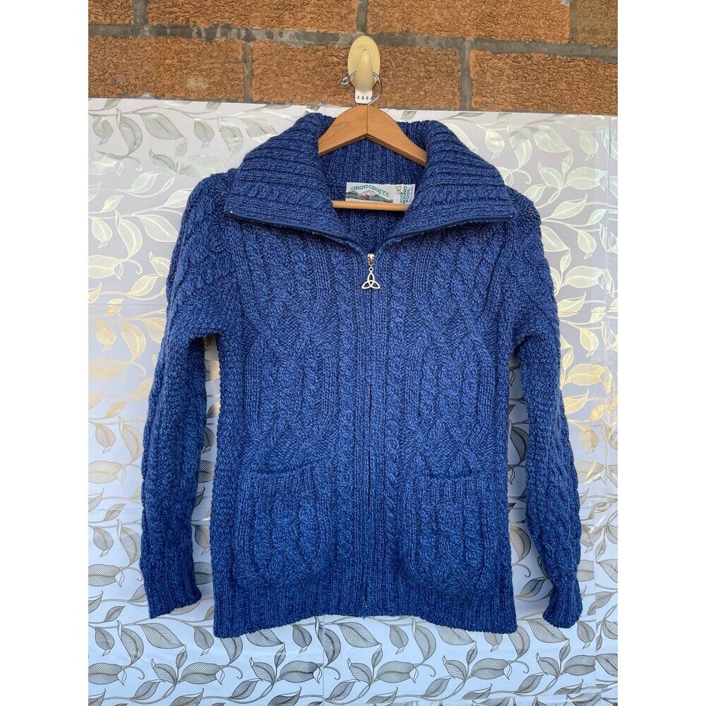Aran Crafts Merino Wool Zip Sweater XS Blue Cable Knit Celtic Cottagecore